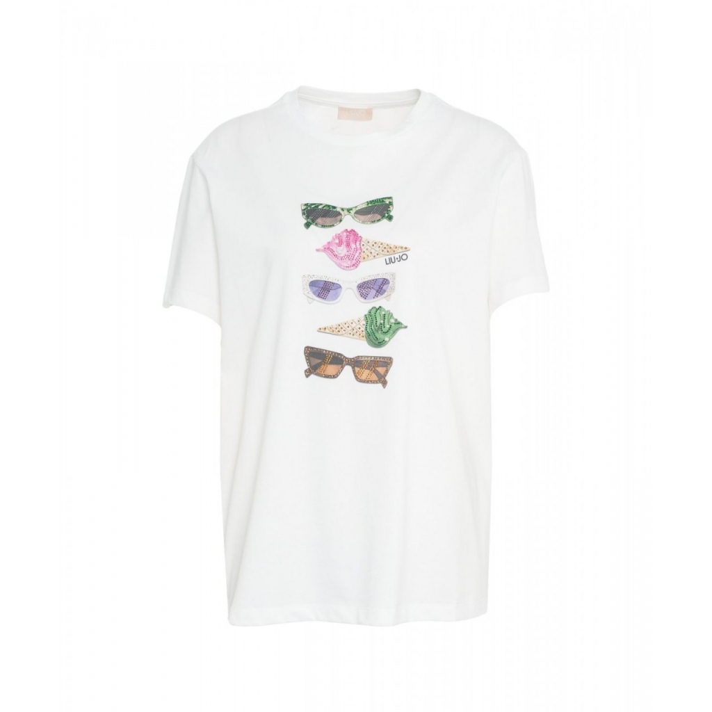 T-shirt con stampa e strass bianco