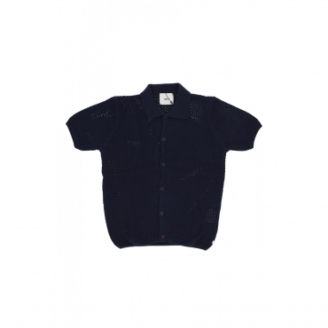 camicia manica corta uomo crochet knit button shirt NAVY